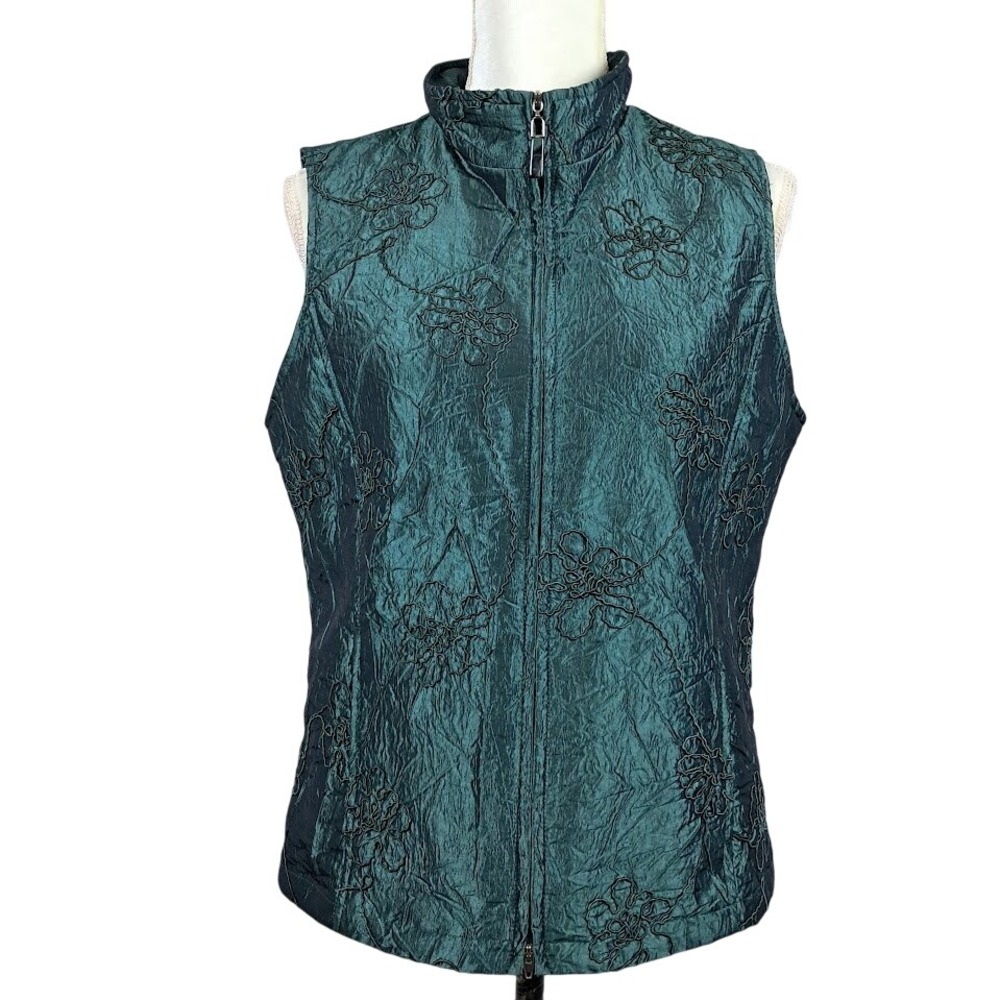 COLDWATER CREEK S Emerald Green Satin Embroidered‎ Quilted Puffer Vest Zipper